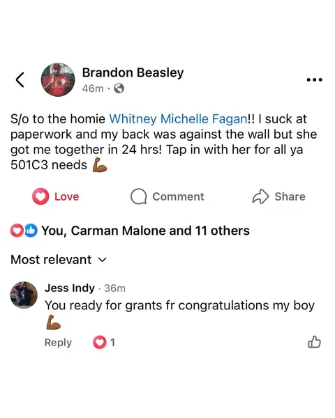 Facebook post from Brandon Beasley thanking Whitney Michelle Fagan for getting his 501(c)(3) paperwork together in 24 hours