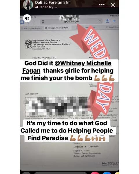 Instagram story thanking Whitney Michelle Fagan, showing an IRS determination letter with details blurred