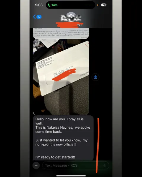 Text message with photos of an IRS 501(c)(3) determination letter, details blurred